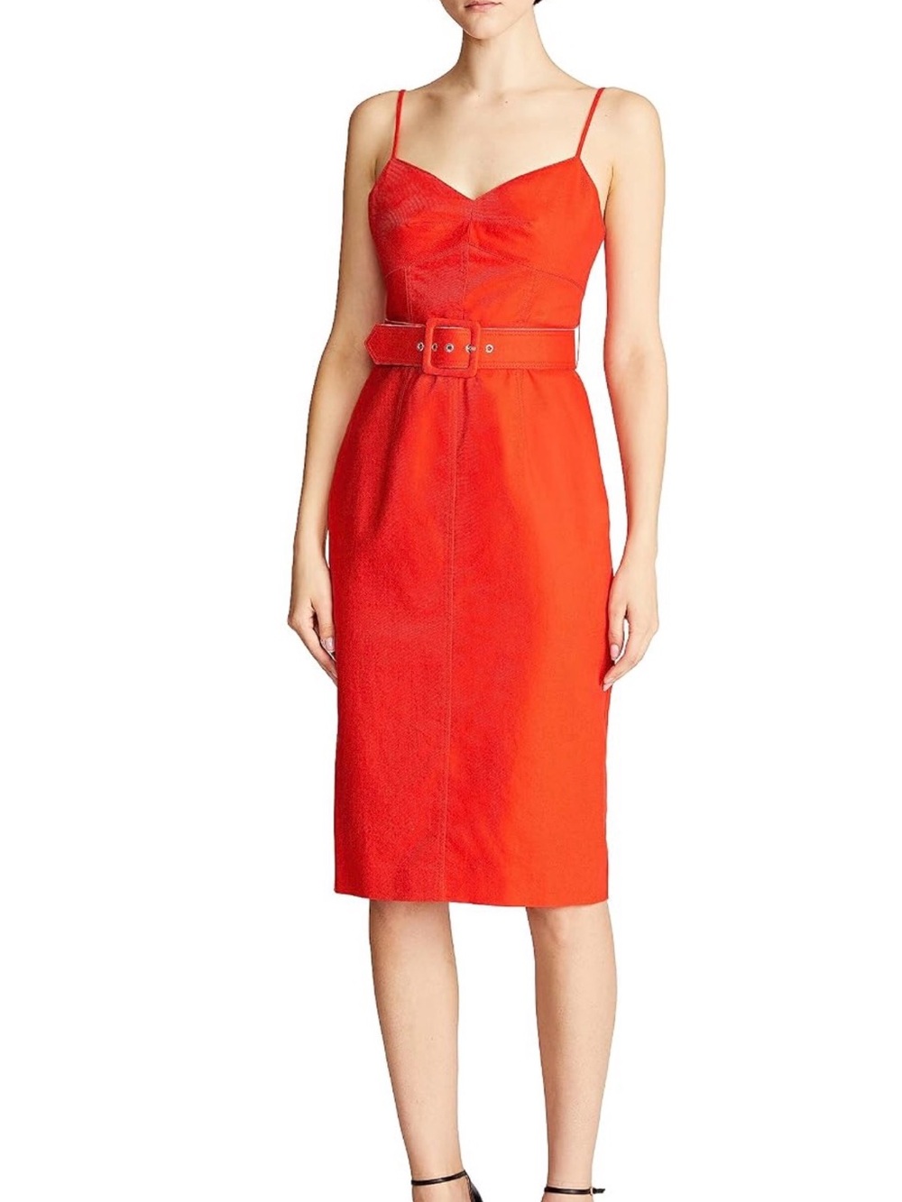 Halston Aryelle Red Linen Blend Belted Midi Dress Size Medium